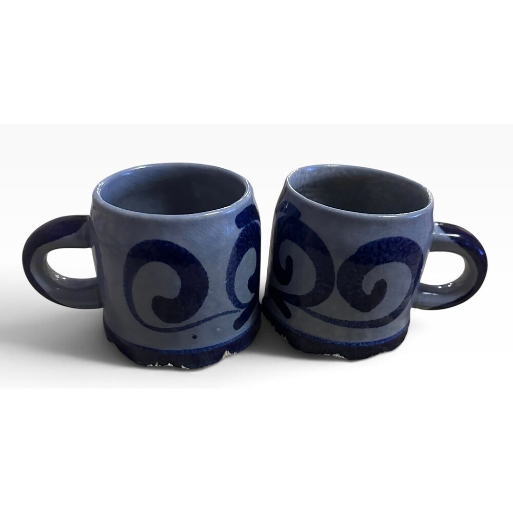 Vintage Hand Painted Swirl Stoneware Mug Blue Studio Pottery Cup Boho Set of 2